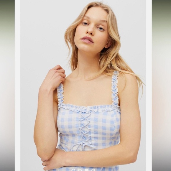 Urban Outfitters Robin Lace Up Mini Dress Blue & White - Picture 2 of 5